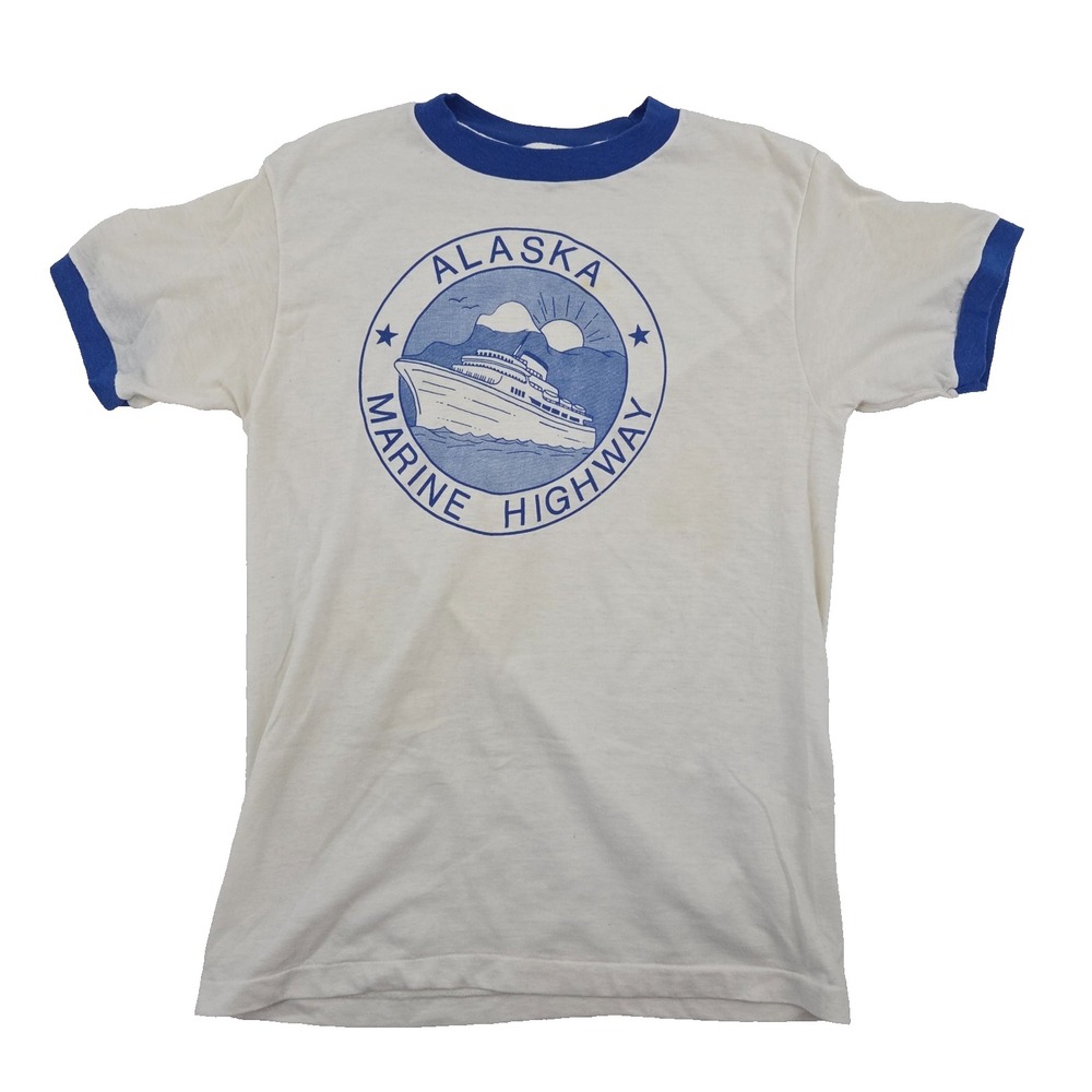 VTG 80s Alaska Marine Highway Blue Ringer Souvenir Graphic Tee Sz Sm See Pics